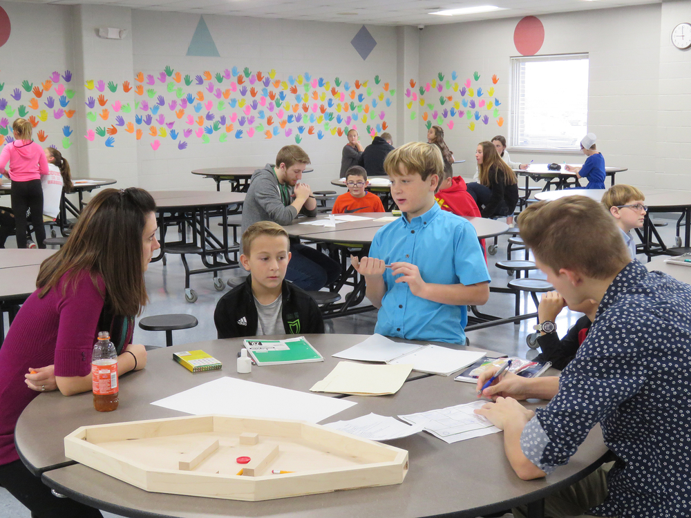 Mr. Stump's fifth-grade class met with students form Mrs. Manns' Marketing class 